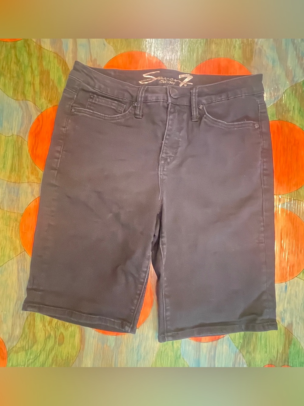 Seven7 Sunset Bermuda Shorts Denim Jeans Black Pull On Pockets Cotton Polyester